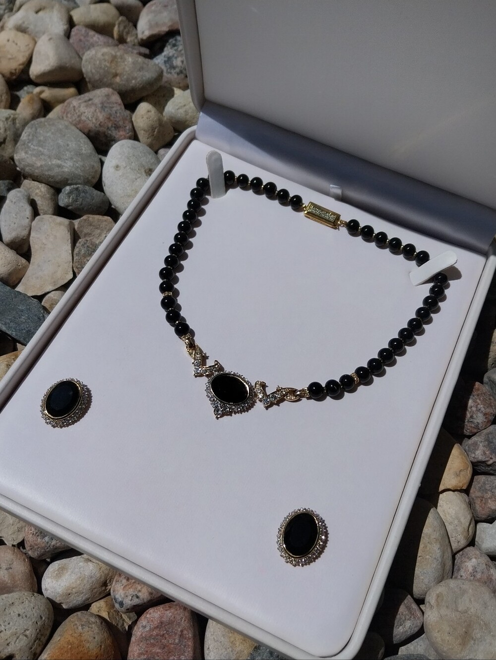Nina Ricci Black Bead Necklace with Black Stone Pendant and Matching Earrings